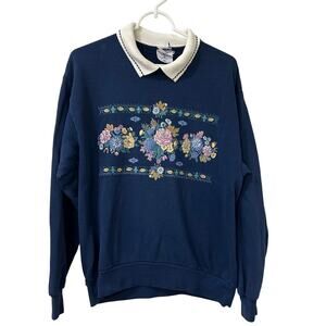 Jerzees VTG Womens Sz Medium Blue Collared Sweatshirt Floral Grandma Spring